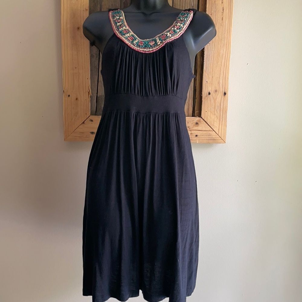 Soprano Cream Turquoise Coral Beaded Scoop Neck Black Dress Empire Waist Medium